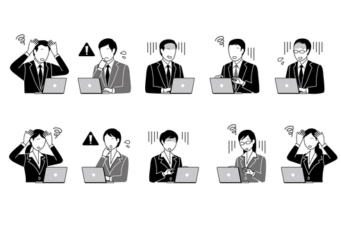 困るパソコン作業中男女セット(モノクロ) 人,困る,悩む,トラブル,仕事,働く,人物,ビジネスマン,サラリーマン,ネクタイのイラスト素材