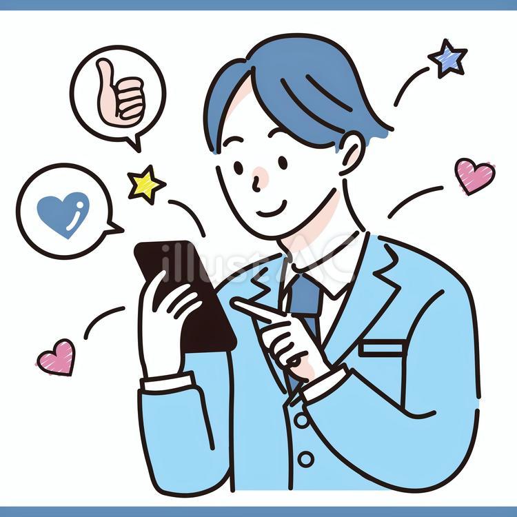 スマホでSNSを楽しむ男性会社員01 スマートフォン,スーツ,snsのイラスト素材