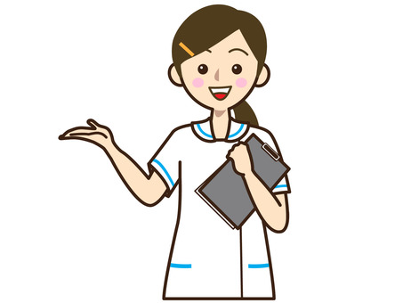 こちらですと手を向ける医療系女性 女性,こちら,案内,おしらせ,告知,手,紹介,どうぞ,制服,病院のイラスト素材