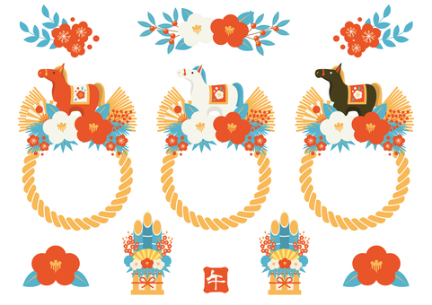zodiac26129 馬,午年,しめ飾り,椿,扇子,松,梅,南天,年賀状,花のイラスト素材