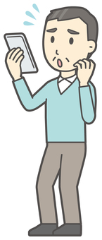  ニット中年男性-070-全身 スマホ,慌てる,おじさん,男性,中年,お父さん,パパ,シニア,ミドルエイジ,人物のイラスト素材