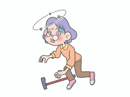 めまいを起こした高齢女性 めまい,立ちくらみ,貧血,ふらつき,目が回る,転倒,杖,顔色,体調不良,不調のイラスト素材