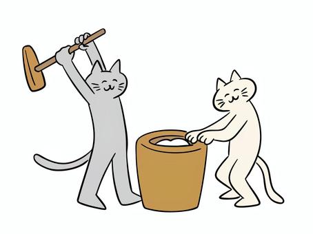 餅つきをする猫（カラー） 猫,餅つき,餅,臼,杵,イベント,冬,正月,お正月,暮らしのイラスト素材