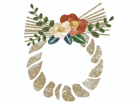 ツバキをあしらったしめ縄 しめ縄,飾り,和,フレーム,ツバキ,椿,紅白,お花,版画,日本のイラスト素材