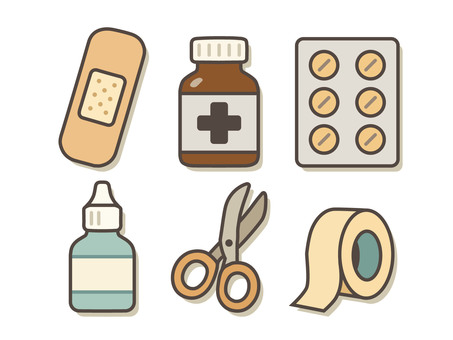 救急箱セット（影付き） 救急箱,医療用品,絆創膏,薬瓶,錠剤,薬,はさみ,テープ,消毒液,目薬のイラスト素材
