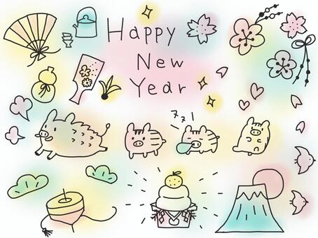 新年插圖, JPG, PNG 和 AI 新年插圖, 新年, 野豬, 手繪, JPG, PNG 和 AI