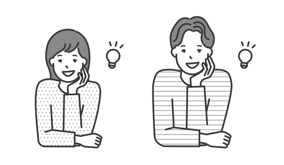 アイデアをひらめいた男女イラスト素材 人物,女性,男性,ひらめく,頬杖,思いつく,いいね,なるほど,そうだ,問題解決のイラスト素材