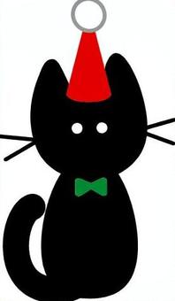 とんがり帽子を被るネコ 猫,全身,前向き,座る,とんがり帽子,黒,緑,赤,リボン,クリスマスカラーのイラスト素材