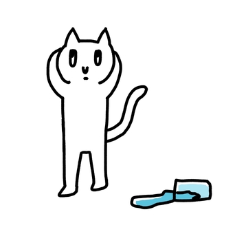 水をこぼしたのに知らんぷりをする白猫 猫,白猫,家猫,ペット,動物,いたずら,シンプル,素朴,かわいい,シュールのイラスト素材