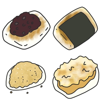 お餅の食べ方イラストセット(カラー) お餅の食べ方イラストセット(カラー) 食べ物,お餅,和食,あんこもち,磯部もち,きな粉餅,大根おろし餅,メニュー,挿絵,セットのイラスト素材