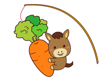 ニンジンに抱きつくお馬さん 馬,午年,干支,ニンジン,釣竿,笑顔,抱きつく,好物,食べ物,野菜のイラスト素材