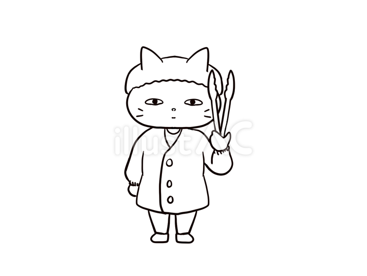 給食当番のねこのイラスト(白黒) 猫,給食当番,給食のイラスト素材