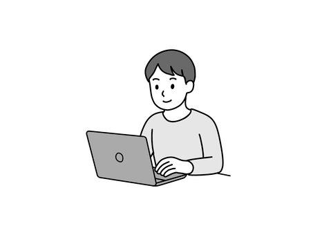 ノートパソコンを使う男性(白黒） 男性,ノートパソコン,ノートpc,パソコン,パソコン作業,ネットサーフィン,ネットショッピング,プログラミング,人物,シンプルイラストのイラスト素材