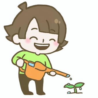じょうろで双葉に水をあげる子ども こども,子ども,じょうろ,水やり,植物,育成,育てる,水,芽,成長のイラスト素材
