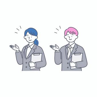 案内をするビジネス男女のイラスト 人物,ビジネス,就活,男性,女性,スーツ,案内,説明,提案,紹介のイラスト素材