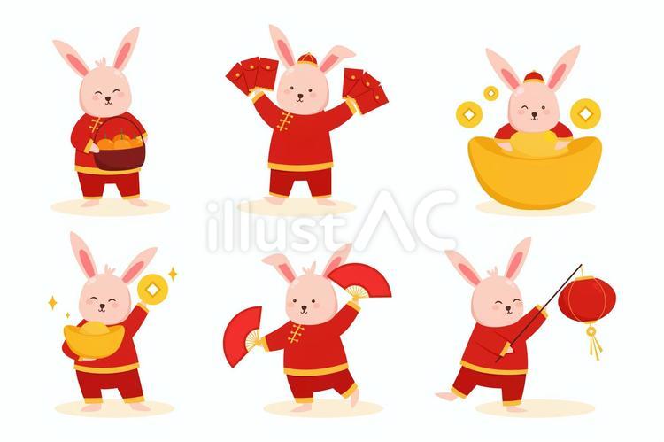中国の衣装のかわいい伝統的なウサギ(お年玉の袋を持つウサギなど） ウサギ,中国風,衣装のイラスト素材