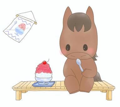 うまさんとかき氷 馬,午,干支,かき氷,旗,さくらんぼ,縁台,スプーン,夏,かわいいのイラスト素材