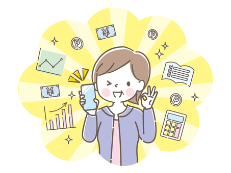 スマホでポイ活する中年女性 スマホ,ok,ポイ活,中年,女性,画面,嬉しい,やる気,家計簿,グラフのイラスト素材