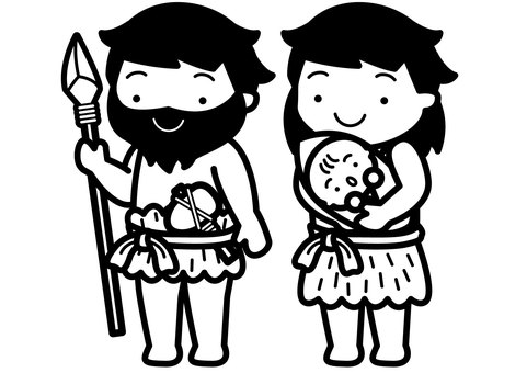 原始人-1c 原始人,毛皮,槍,石斧,ヒゲ,紐,赤ちゃん,男性,女性,かわいいのイラスト素材