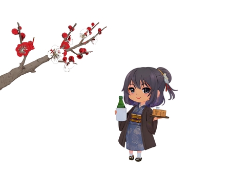 初春の寒空で咲き始めて梅を観梅する女性 梅,観梅,春,花,女性,観光,植物のイラスト素材