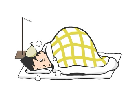 病気で発熱し布団で寝込んでいる男性 病気,熱,発熱,手描き,布団,寝る,睡眠,男性,男子,不調のイラスト素材