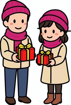 プレゼントを渡す赤の男子女子です。 プレゼント,シンプル,渡す,ギフト,贈り物,シーン,祝う,イベント,パーティー,クリスマスのイラスト素材
