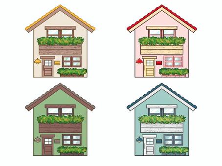 一軒家 家,建物,建造物,アパート,賃貸,黄色,ピンク色,緑色,青色,素材のイラスト素材