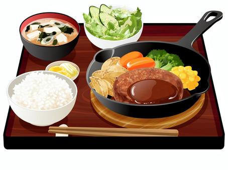 ハンバーグ定食2 ハンバーグ定食2 ハンバーグ,定食,料理,食べ物,フライドポテト,にんじん,ブロッコリー,コーン,サラダ,レタスのイラスト素材