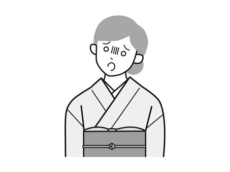 肩を落として放心する着物女性A左向／白黒 放心,呆然,ガックリ,女性,お母さん,着物,講師,20代,30代,40代のイラスト素材