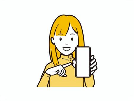 スマホを指差す笑顔のニットセーターの女性 スマホ,スマートフォン,ol,ニット,セーター,カジュアル,冬服,秋,携帯電話,モバイルのイラスト素材