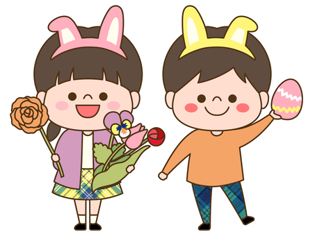 春の人物イラスト＜4月・イースター＞ イースター,4月,春,うさぎ,卵,花,パーティー,お祝い,行事,エッグのイラスト素材
