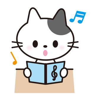 ねこ_音楽 ねこ,歌う,音楽,楽譜,勉強,動物,白猫,ぬいぐるみ,かわいい,子供向けのイラスト素材