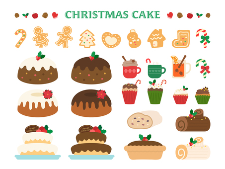 クリスマスケーキのイラスト素材セット クリスマス,ケーキ,スイーツ,クッキー,シュトーレン,パイ,食べ物,イラスト,素材,セットのイラスト素材