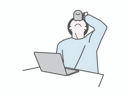 在宅PC作業男性｜水分補給（のどを潤す） 男性,pc,仕事,在宅,テレワーク,ビジネス,水分補給,喉が乾く,リフレッシュ,飲み干すのイラスト素材