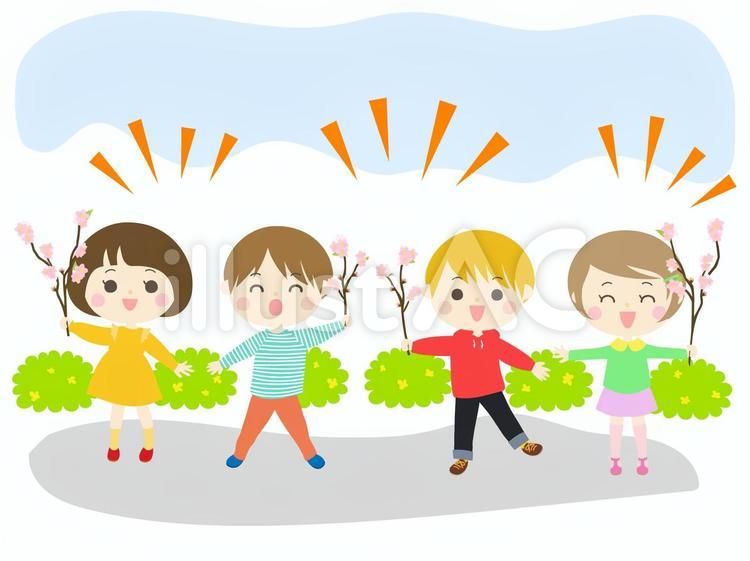 桜の枝を持って応援する児童_背景つき 桜,子ども,枝のイラスト素材