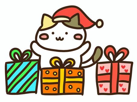 クリスマスプレゼントを届けるサンタ三毛猫 クリスマス,プレゼント,サンタクロース,サンタ帽子,ねこ,メリークリスマス,かわいい,おめでとう,ギフト,配るのイラスト素材