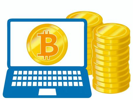 パソコンとビットコイン ビットコイン,パソコン,暗号資産,仮想通貨,たくさん,積み上げる,コイン,資産,投資,運用のイラスト素材