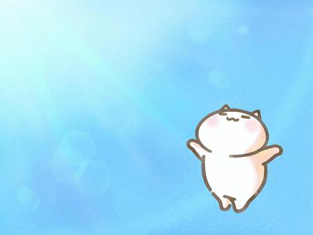 両手を広げて光を浴びる可愛いねこイラスト 青空,水彩,快晴,陽光,光,キラキラ,前向き,ポジティブ,明るい,ハッピーのイラスト素材