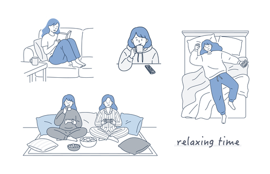 家で過ごす女性のリラックス休日時間 人物,女性,休日,リラックス,読書,寝る,くつろぐ,飲む,ゲーム,友人のイラスト素材
