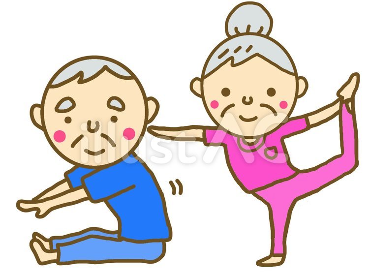 ストレッチとヨガを行う高齢者　お年寄り ヨガストレッチ,ヨガインストラクター,ヨガ教室のイラスト素材