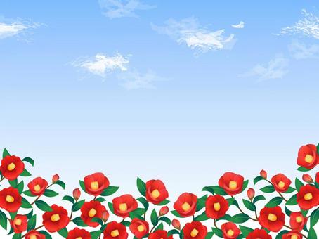 冬、椿の背景、フレーム07 椿,冬,花,寒椿,背景,フレーム,水彩,手描き,つばき,空のイラスト素材