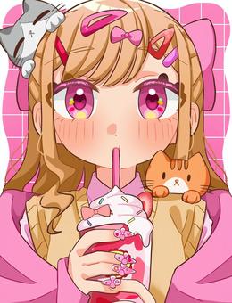 ピンクの女の子 ピンクの女の子 女の子,ピンク色,ハーフアップ,猫,フラペチーノ,ネイル,ヘアピン,リボンのイラスト素材