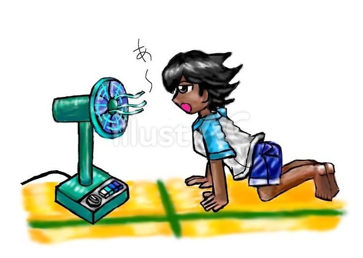 扇風機の前で声を出して遊ぶ人 扇風機,夏,風のイラスト素材