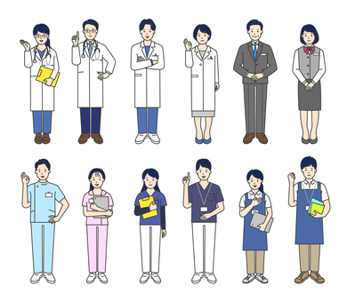 医療従事者のシンプルイラスト素材セット 医師,医者,ドクター,女医,医療従事者,先生,看護師,ナース,白衣,聴診器のイラスト素材