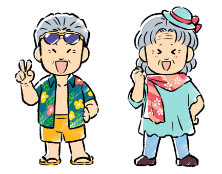 白髪の老人(男女)／外出／イラスト素材 おじいさん,おばあさん,老人,敬老の日,祖父,祖母,旅行,おしゃれ,外出,おでかけのイラスト素材
