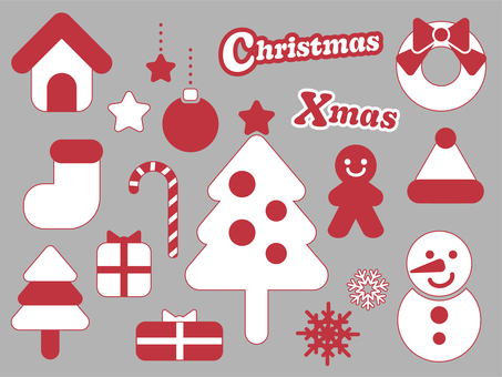 クリスマスの素材（赤） クリスマス,リース,靴下,キャンディー,スノーマン,雪だるま,雪の結晶,ツリー,クリスマスツリー,プレゼントのイラスト素材