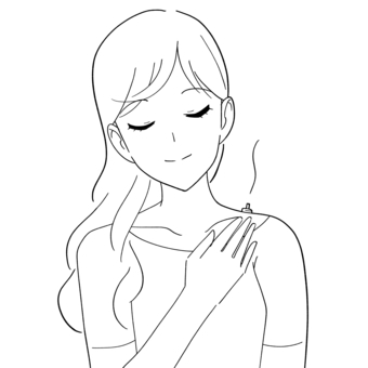 肩にお灸をする女性の白黒イラスト お灸,鍼灸,東洋医学,ツボ,肩,肩井,肩こり,リラクゼーション,リラックス,画像のイラスト素材