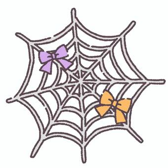 かわいいリボンがかかった蜘蛛の巣 蜘蛛の巣,ハロウィン,リボン,飾り,手描き,かわいい,やさしい,シンプル,パステル,紫のイラスト素材