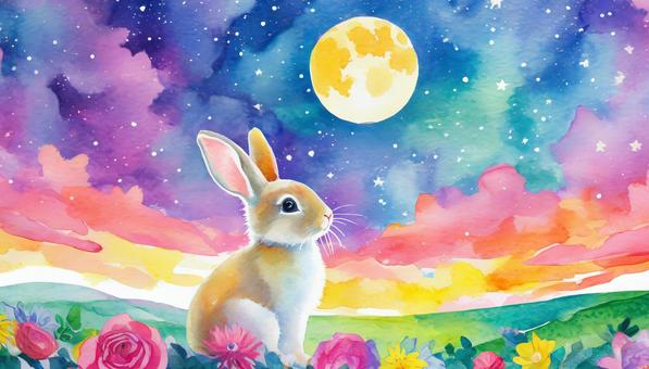 Illustration, un lapin, mois, pleine lune, 