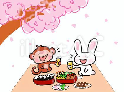 ウサギとサルのお花見会 背景あり